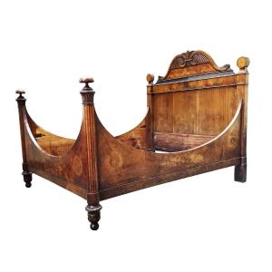 19th Century Italian Carved Walnut And Burl Queen Bed With Inlays