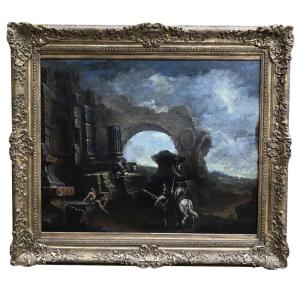 Italian 18th Century Baroque Landscape With Ruins And Figures