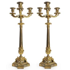 Pair Of Empire Candelabra In Gilded Bronze 1800