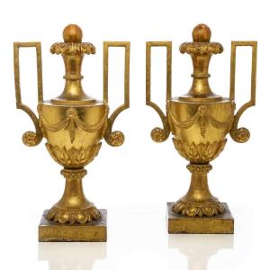 Pair Of Large Italian Empire Gilt Wood Vases 18th Century