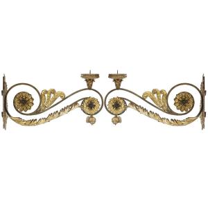  Paire De Grandes Appliques Dorées à Fleurs Et Volutes 18ème Bras Pour Lampes Votives