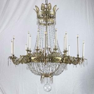 Grand Lustre Empire Italien Seize Lumières Fer Doré Et Cristal Fin 18éme  