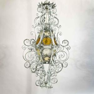 Italian Wrought Iron Lantern Light Green Finish Amber Glasses Early 1900s