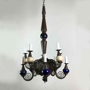 Antique Rustic Wrought Iron And Ostrich Eggshell Two Tier Ten-light Chandelier