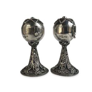 Pair Of Silver Spice Boxes Judaica