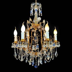 Italian Clear And Blue Crystal Gilded Chandelier Six-light 1950s