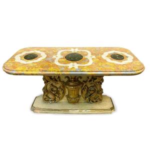 Antique Italian Gilt Wood Coffee Table With Scagliola Top