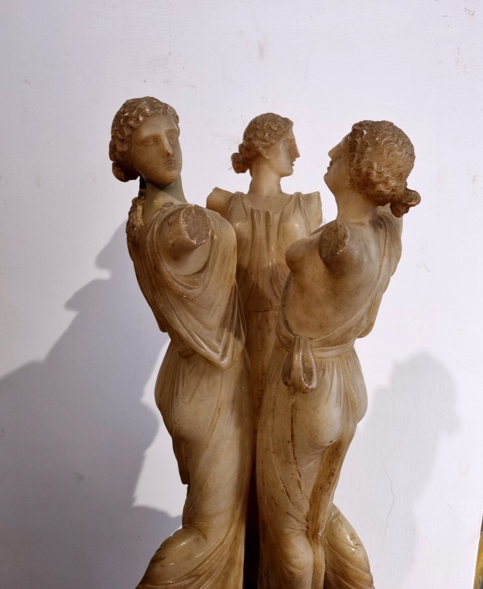 The Three Graces, Neoclassical Alabaster Sculpture, Grand Tour-photo-2