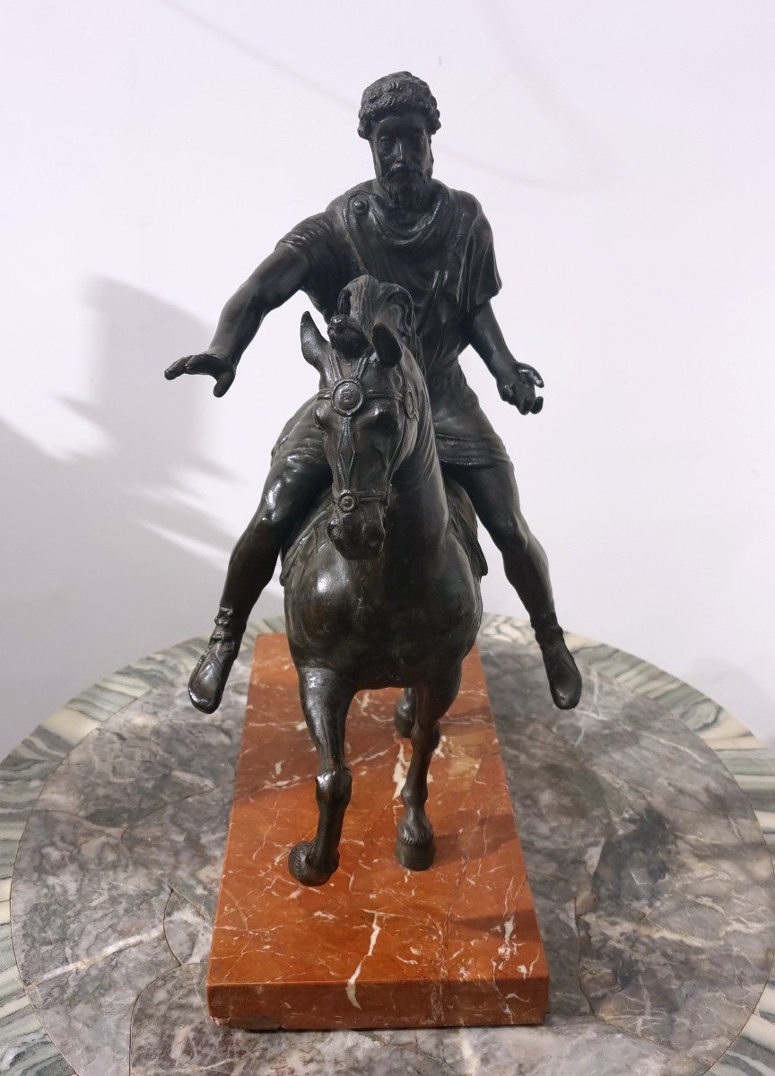 Spectacular Equestrian Statue Of Marcus Aurelius In Bronze With Dark Patina From The Grand Tour