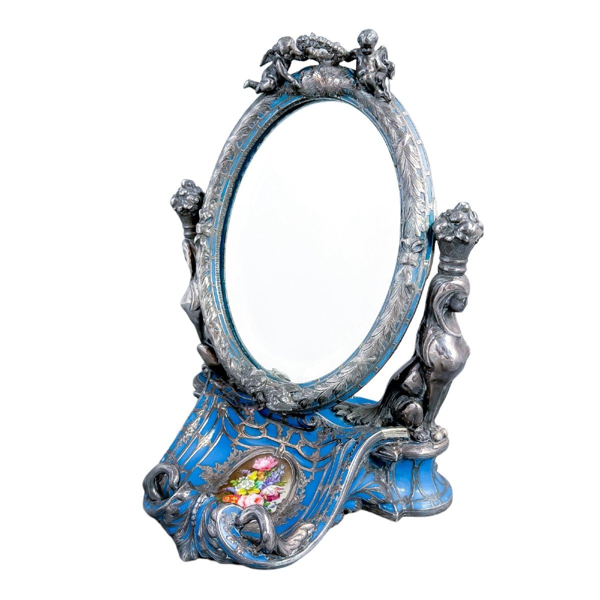 Miroir de Toilette en Porcelaine à Fond Bleu et Dépôt d'Argent, 19ème Siècle, par Jean Gille-photo-2