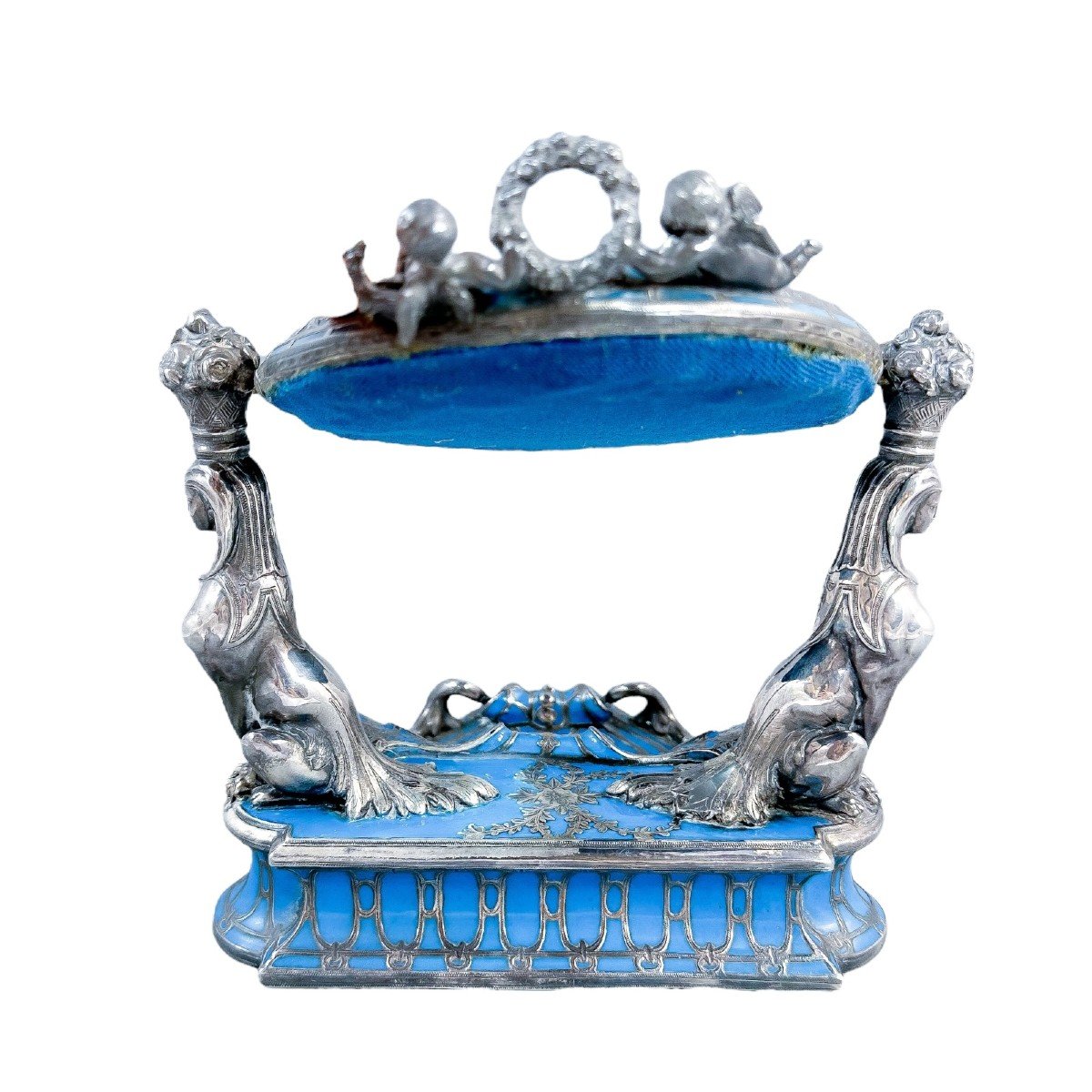 19th Century French Silver Deposit Blue Ground Porcelain Dressing Mirror By Jean Gille-photo-2