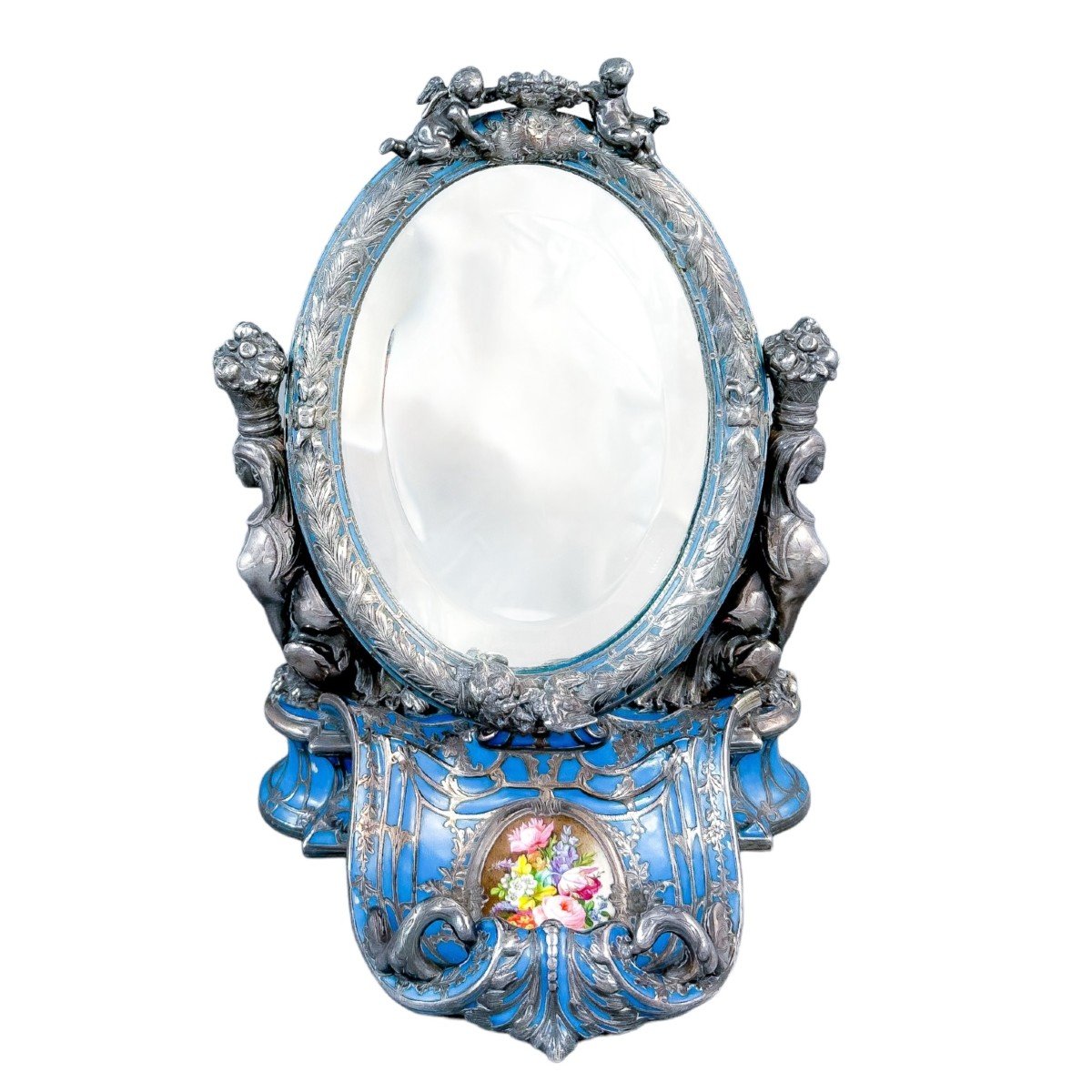 Miroir de Toilette en Porcelaine à Fond Bleu et Dépôt d'Argent, 19ème Siècle, par Jean Gille