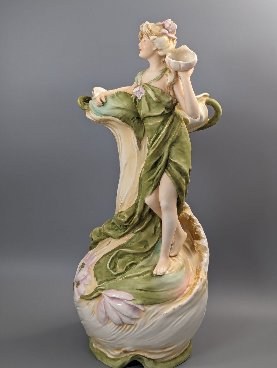 Grande Figurine Royal Dux : Nymphe Aquatique Avec Coquillage, V.1912-photo-2