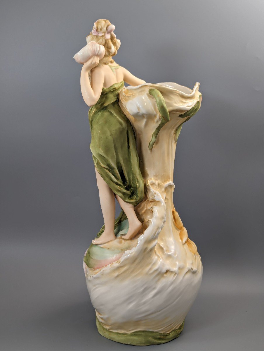 Grande Figurine Royal Dux : Nymphe Aquatique Avec Coquillage, V.1912-photo-3