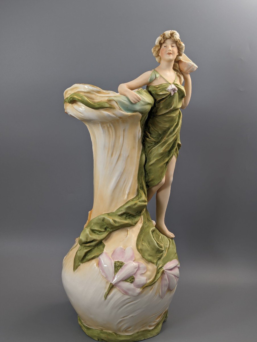 Grande Figurine Royal Dux : Nymphe Aquatique Avec Coquillage, V.1912-photo-5