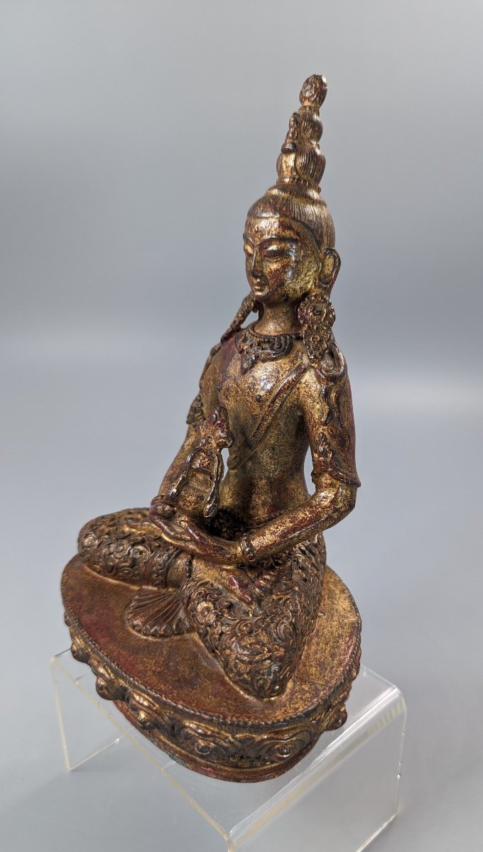 Figure En Bronze Doré Et Laqué d'Amitayus, Tibet, 18ème Siècle-photo-2