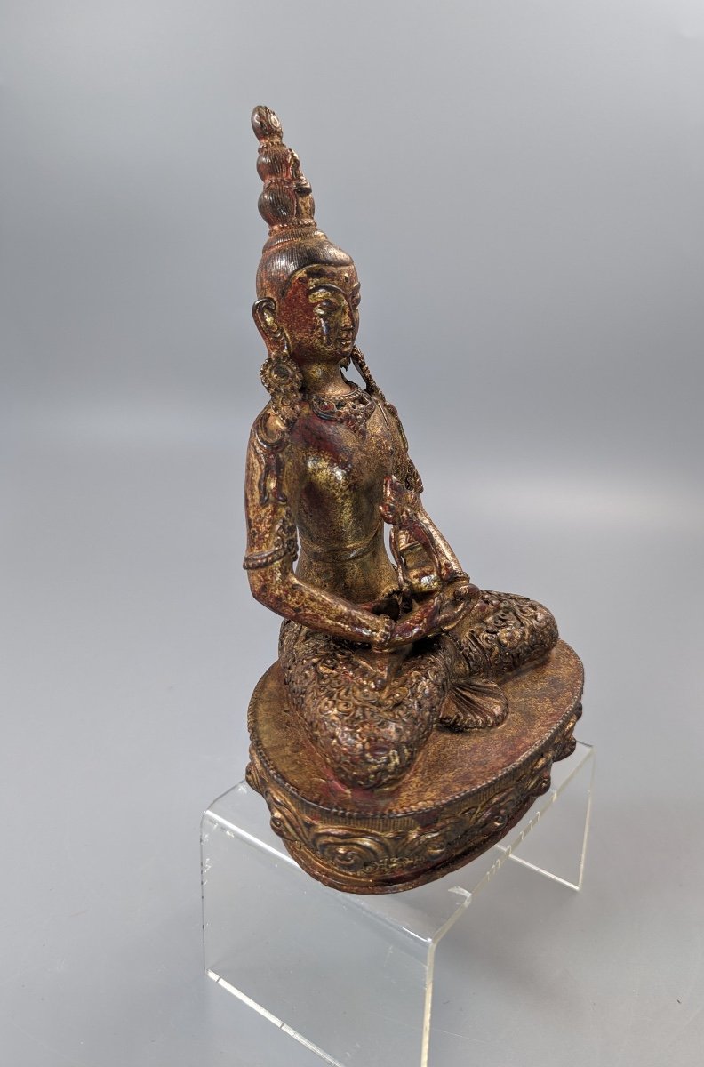 Figure En Bronze Doré Et Laqué d'Amitayus, Tibet, 18ème Siècle-photo-3