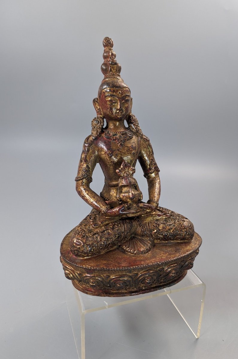 Figure En Bronze Doré Et Laqué d'Amitayus, Tibet, 18ème Siècle-photo-4