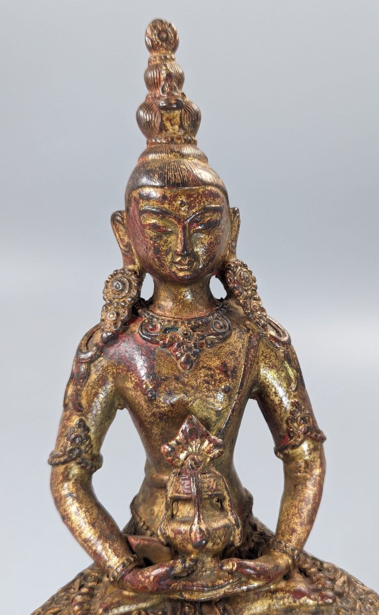 Figure En Bronze Doré Et Laqué d'Amitayus, Tibet, 18ème Siècle-photo-5