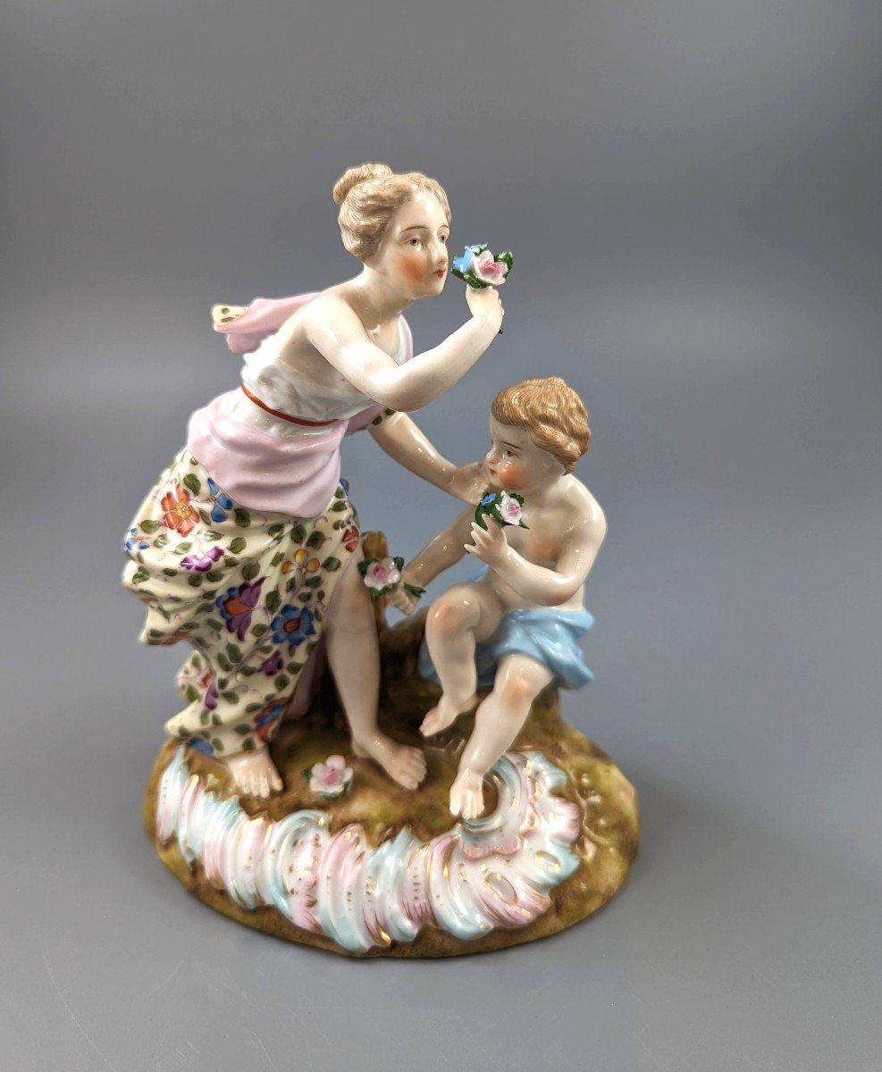 Antique Figurine Of A Woman And A Cherub By Sitzendorf, Circa 1890.