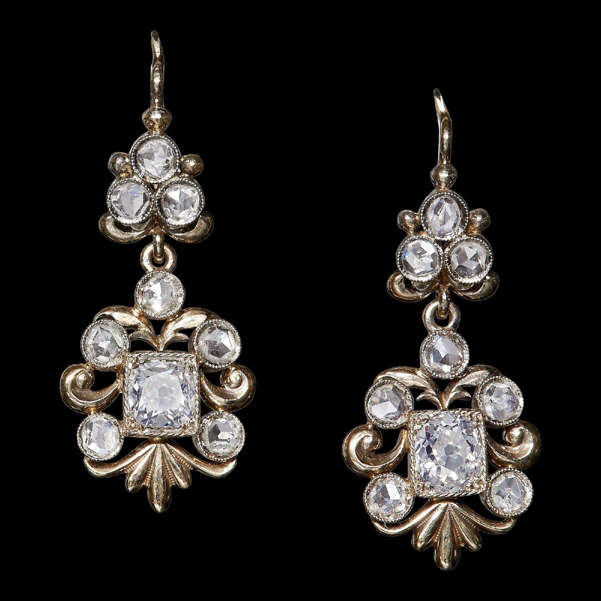 Edwardian 2.10 Ct Rose & Old-cut Diamond Drop Trefoil Cluster Earrings, Boxed-photo-2