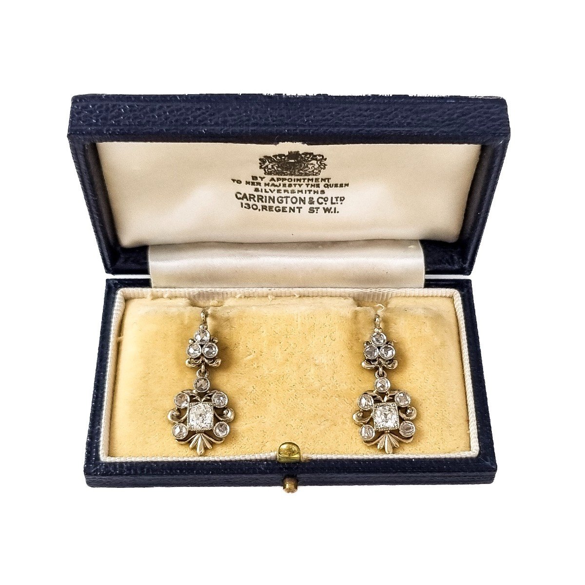 Edwardian 2.10 Ct Rose & Old-cut Diamond Drop Trefoil Cluster Earrings, Boxed-photo-3