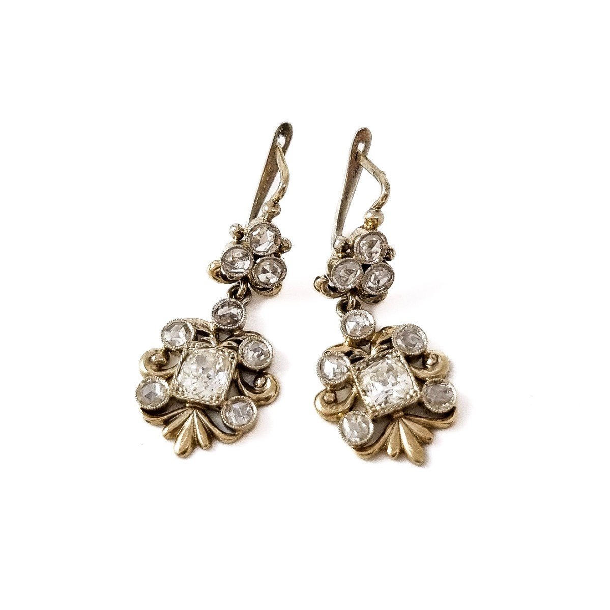 Edwardian 2.10 Ct Rose & Old-cut Diamond Drop Trefoil Cluster Earrings, Boxed-photo-2