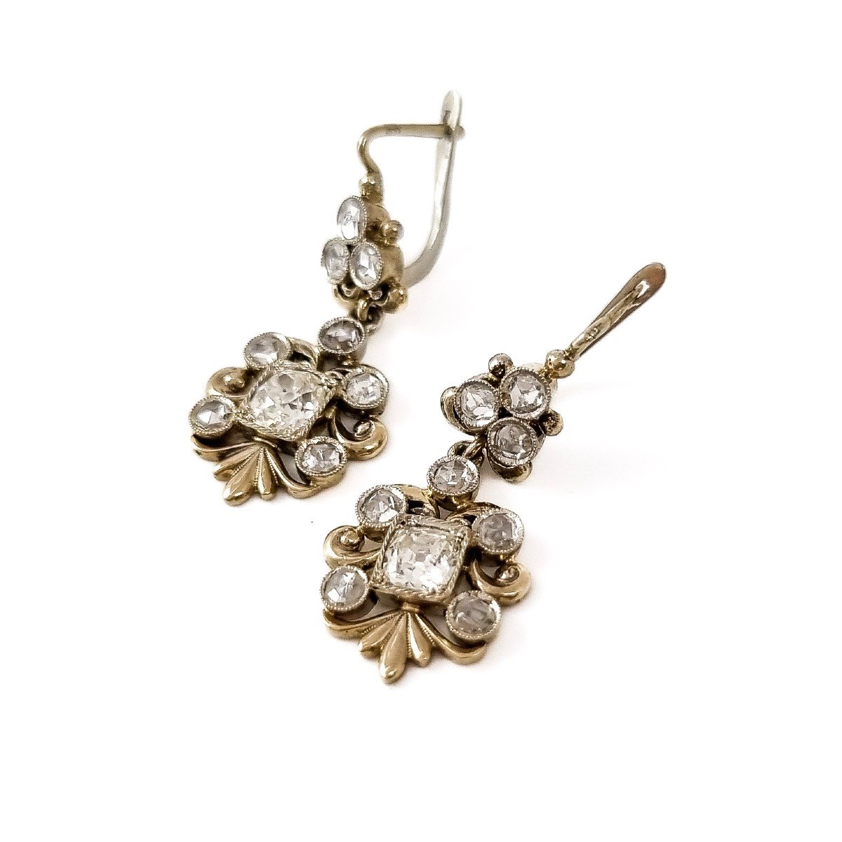 Edwardian 2.10 Ct Rose & Old-cut Diamond Drop Trefoil Cluster Earrings, Boxed-photo-3