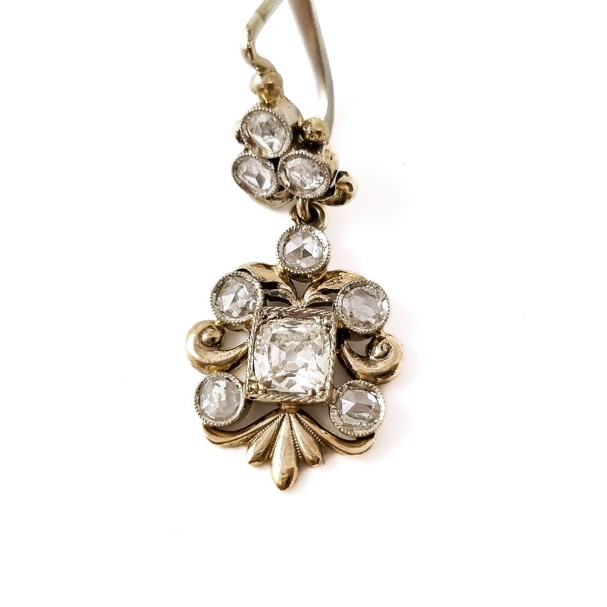 Edwardian 2.10 Ct Rose & Old-cut Diamond Drop Trefoil Cluster Earrings, Boxed-photo-5