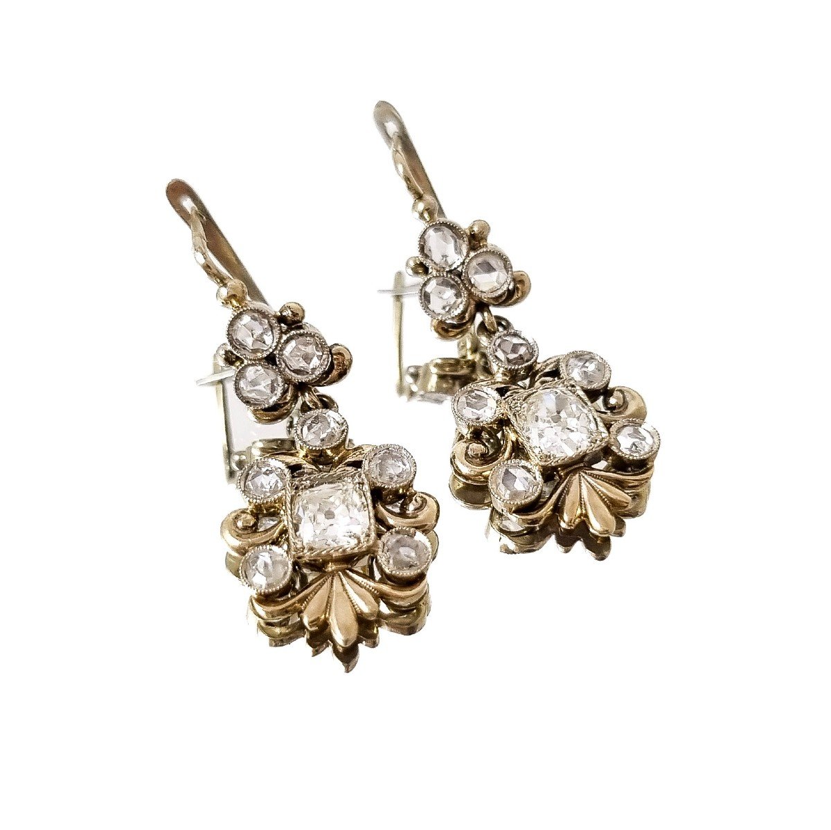 Edwardian 2.10 Ct Rose & Old-cut Diamond Drop Trefoil Cluster Earrings, Boxed-photo-6