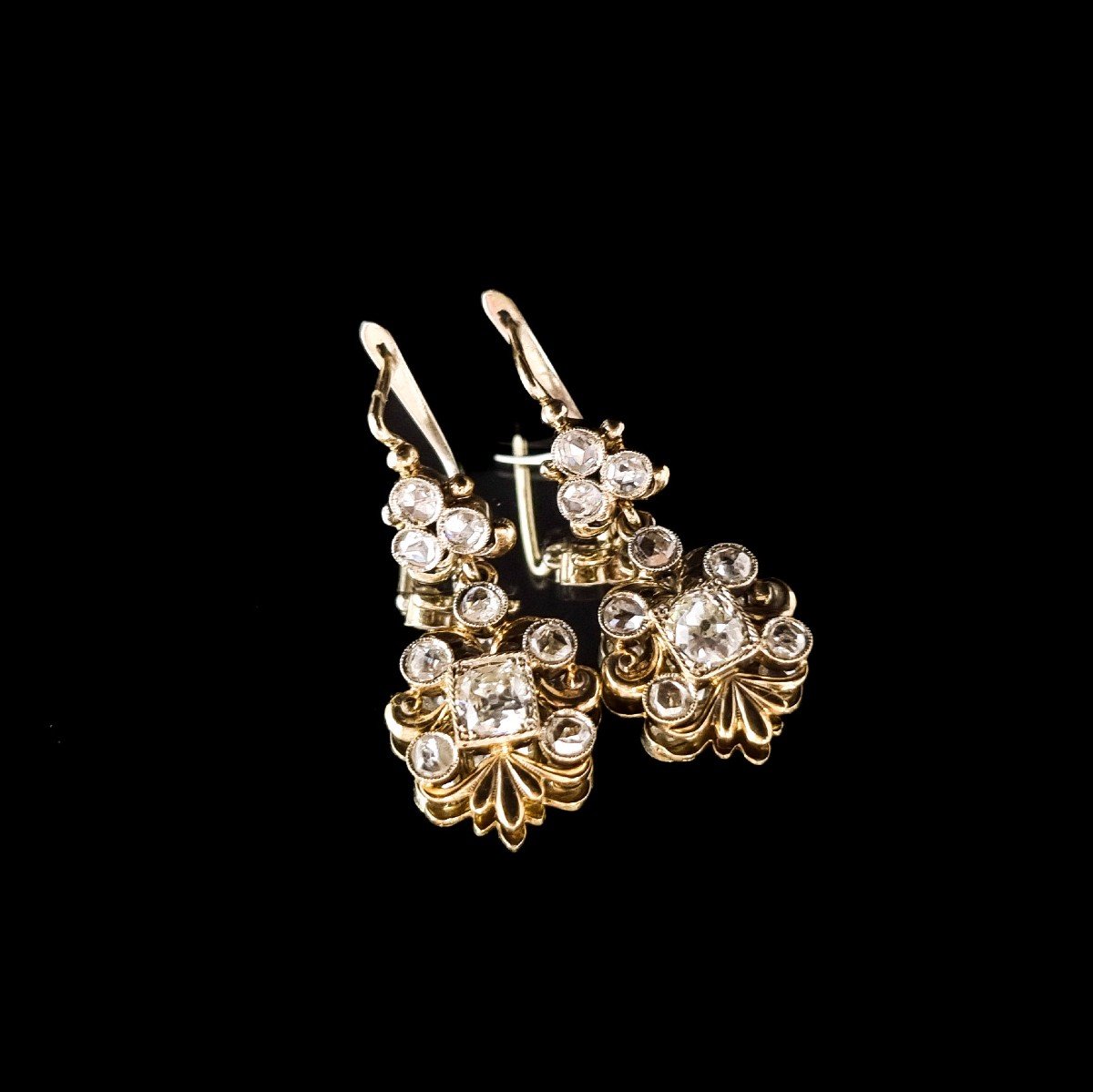 Edwardian 2.10 Ct Rose & Old-cut Diamond Drop Trefoil Cluster Earrings, Boxed-photo-7