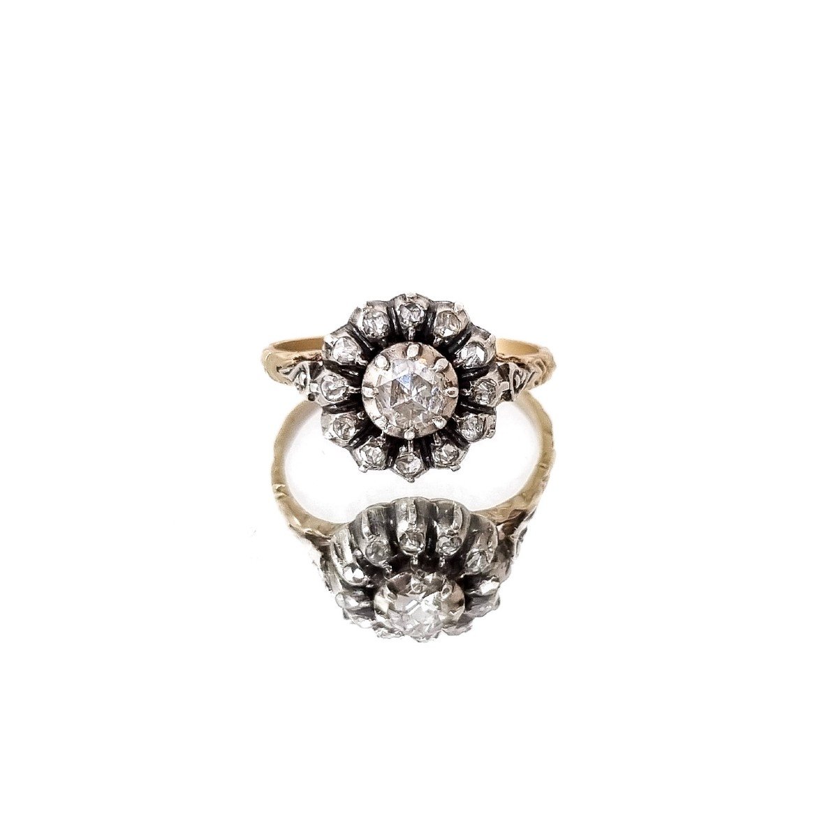 Victorian Rose-cut Diamond & Yellow Gold Flower Cluster Ring, Size O 1/2, Georgian Style-photo-3