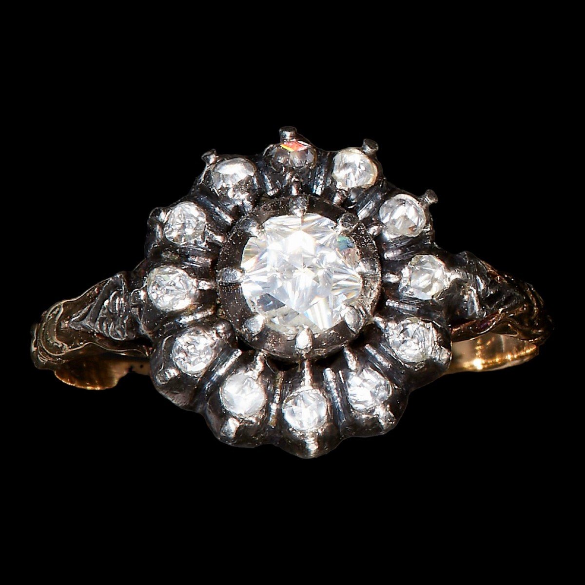 Victorian Rose-cut Diamond & Yellow Gold Flower Cluster Ring, Size O 1/2, Georgian Style-photo-4