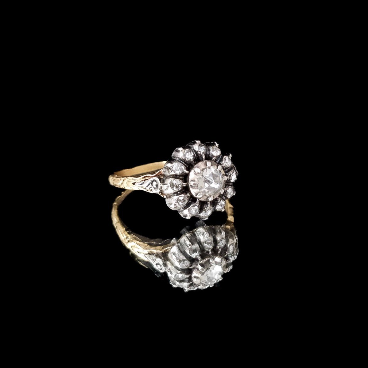 Victorian Rose-cut Diamond & Yellow Gold Flower Cluster Ring, Size O 1/2, Georgian Style-photo-5