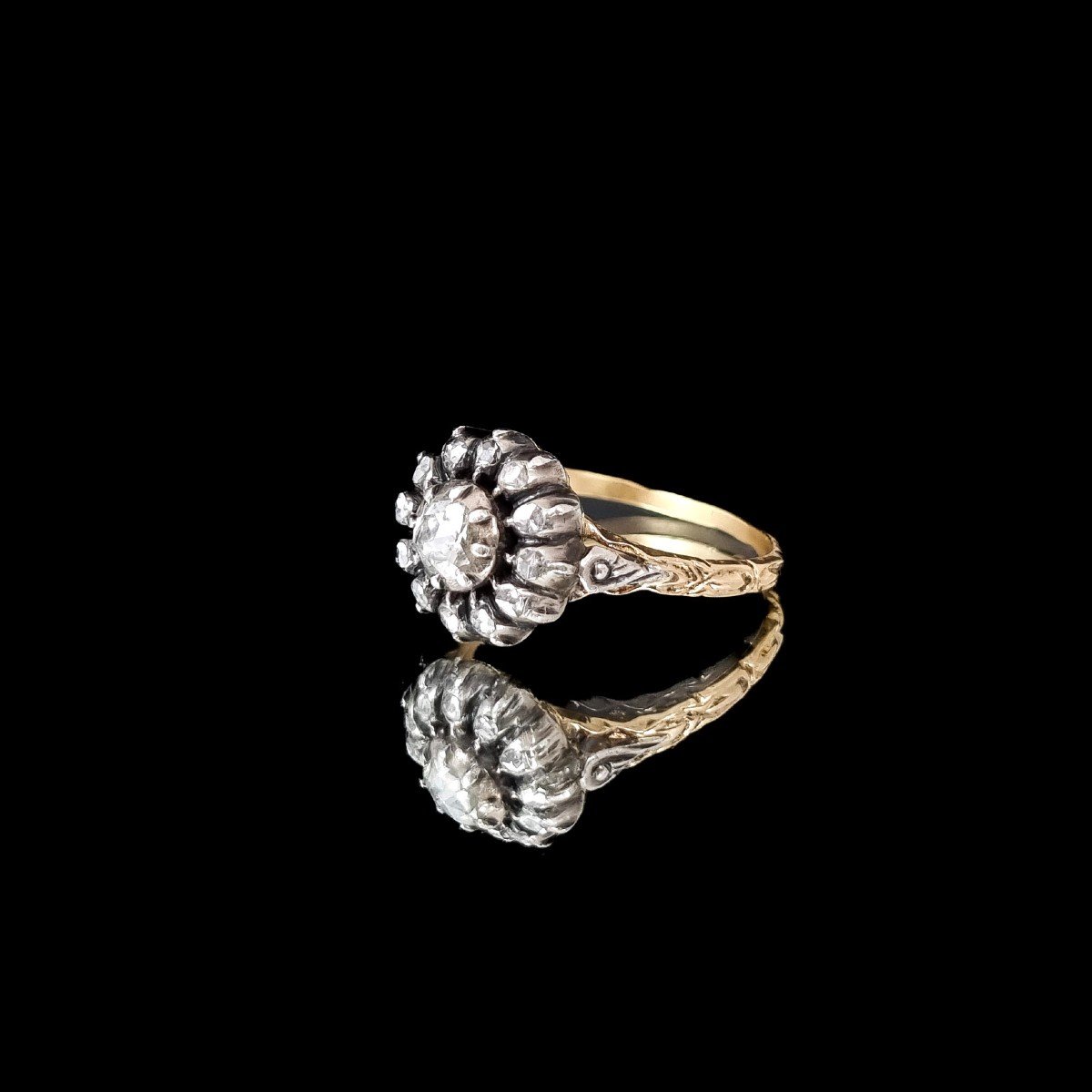 Victorian Rose-cut Diamond & Yellow Gold Flower Cluster Ring, Size O 1/2, Georgian Style-photo-7