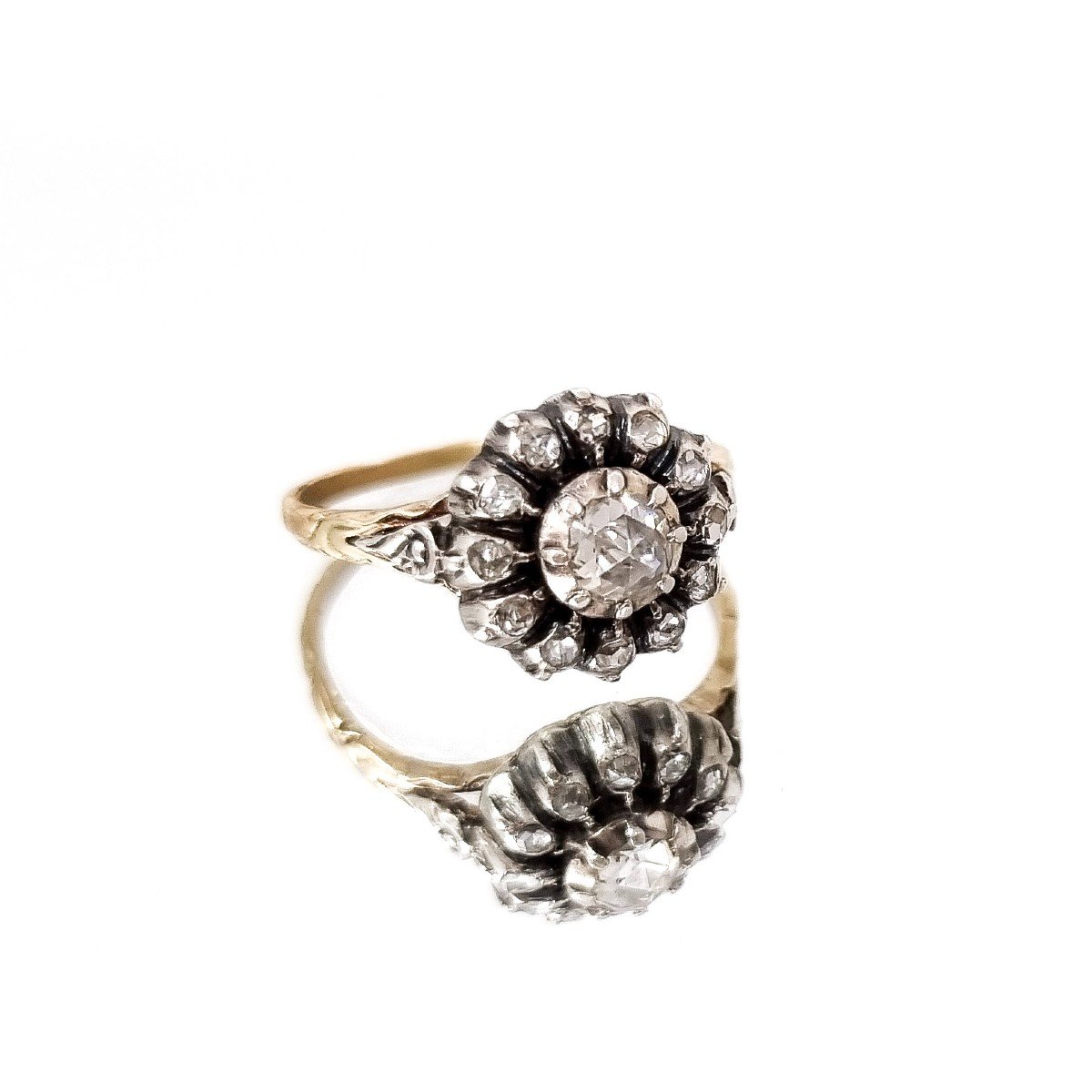 Victorian Rose-cut Diamond & Yellow Gold Flower Cluster Ring, Size O 1/2, Georgian Style