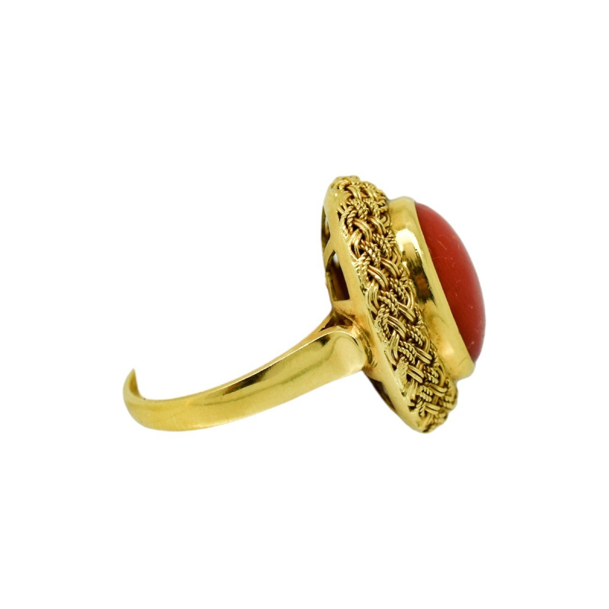 Vintage 1980's 18ct Yellow Gold Oval Coral Cabochon Cocktail Ring Size N, Basket Weave Halo-photo-2