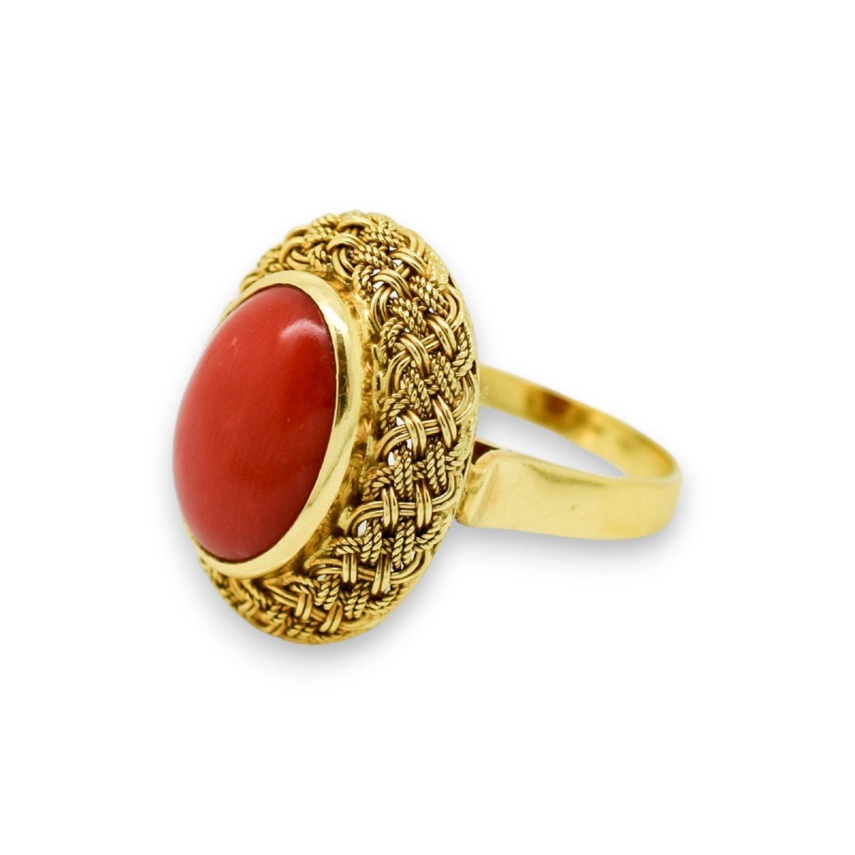 Vintage 1980's 18ct Yellow Gold Oval Coral Cabochon Cocktail Ring Size N, Basket Weave Halo-photo-1