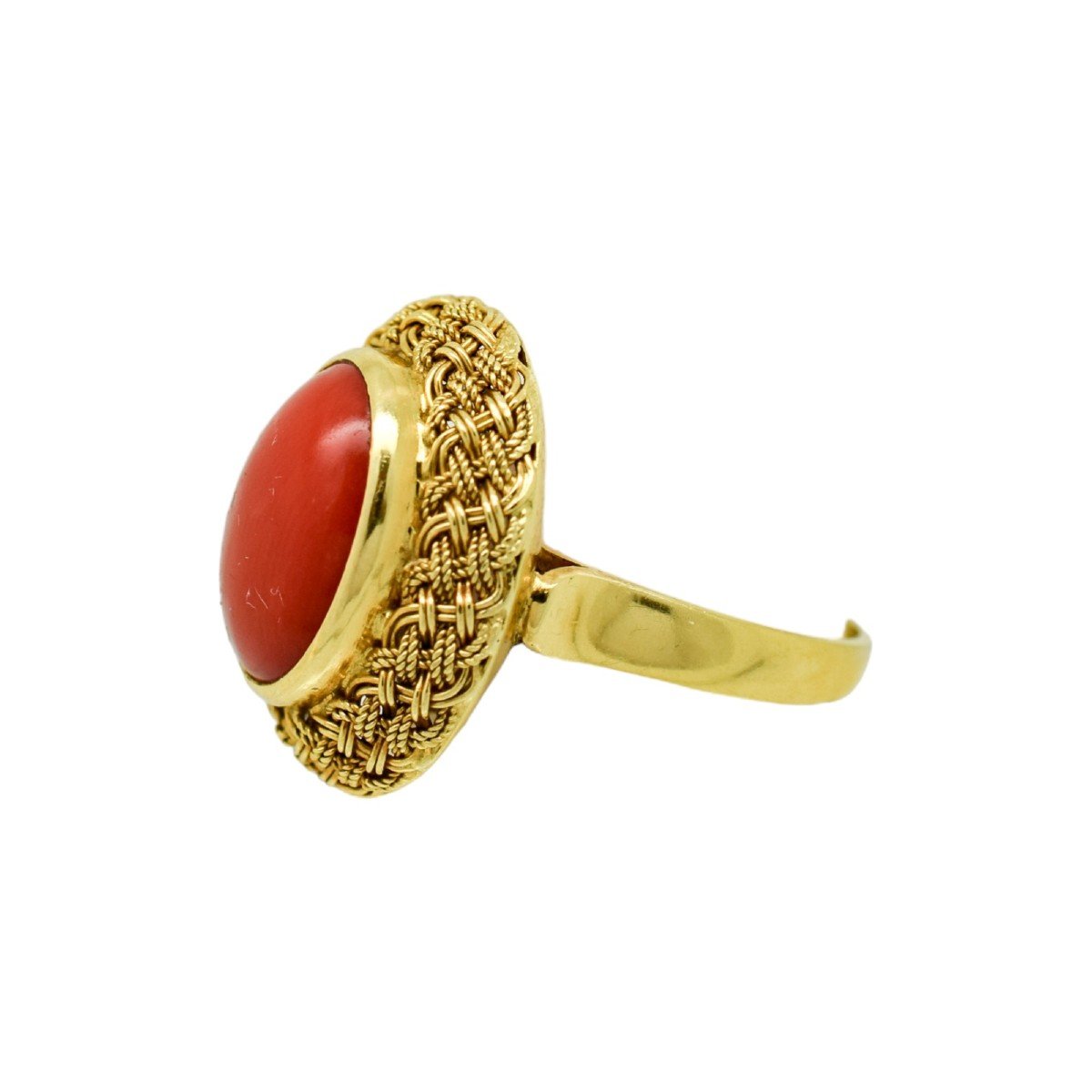 Bague Cocktail Vintage En Or Jaune 18ct, Cabochon Ovale De Corail, Taille N, Halo Tressé-photo-2