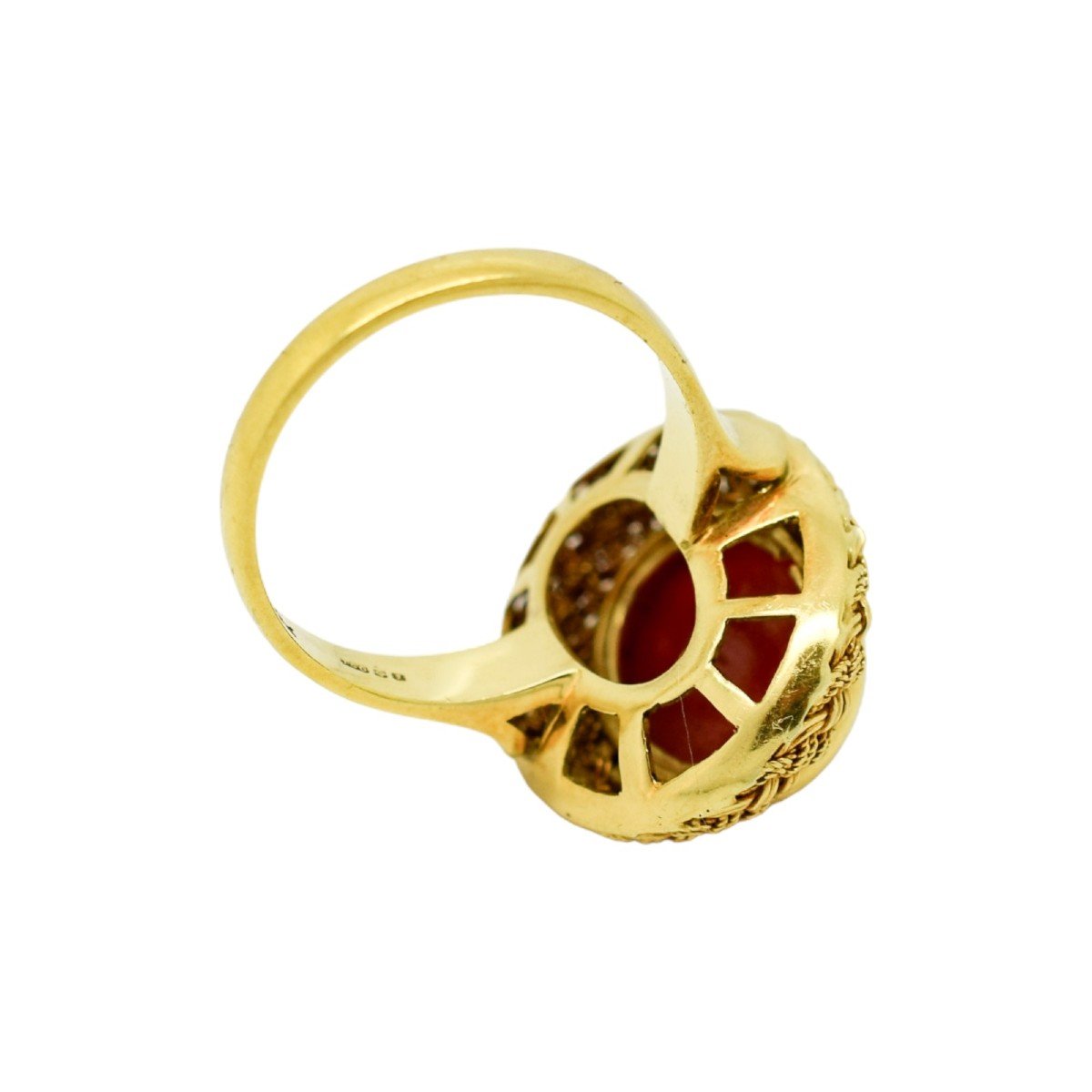 Vintage 1980's 18ct Yellow Gold Oval Coral Cabochon Cocktail Ring Size N, Basket Weave Halo-photo-4