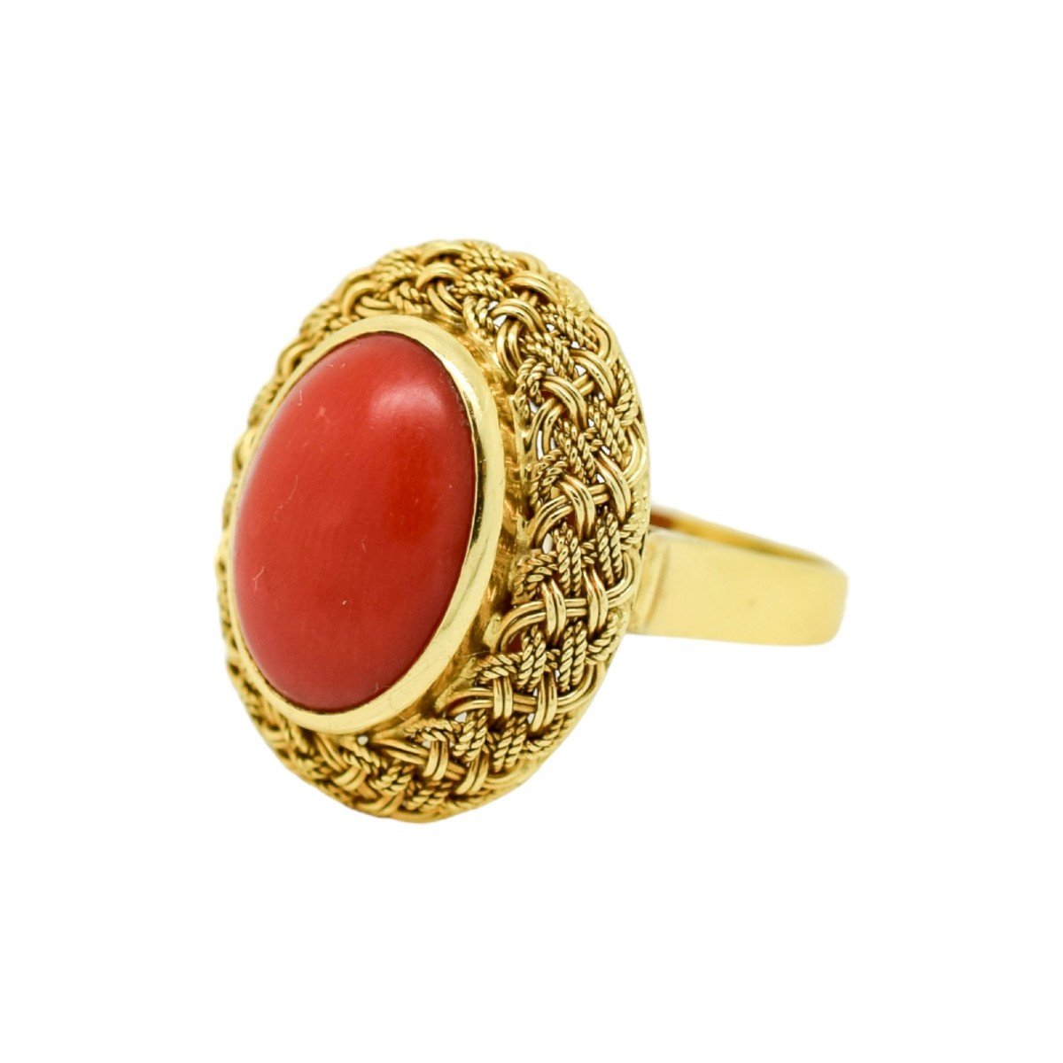 Bague Cocktail Vintage En Or Jaune 18ct, Cabochon Ovale De Corail, Taille N, Halo Tressé