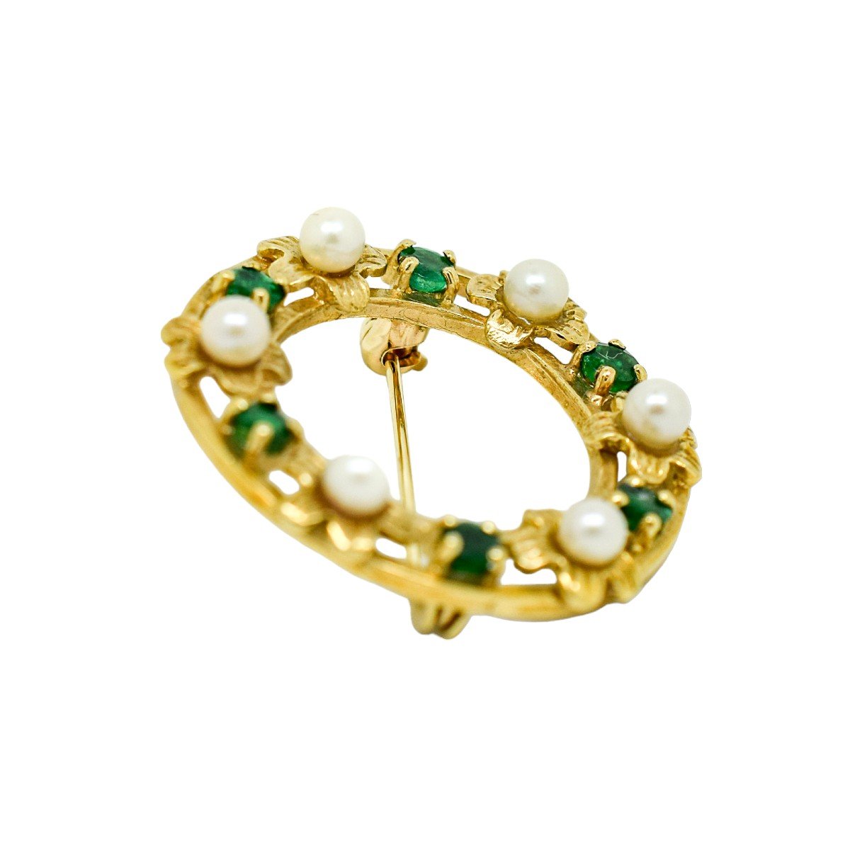 Vintage 9ct Gold Round Openwork Brooch / Lace Pin Set With Pearl Flowers And Emeralds-photo-3