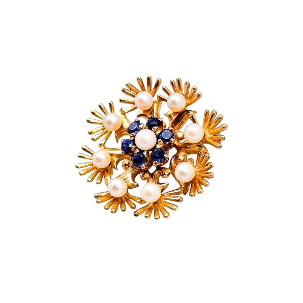 Cropp & Farr 1960’s Floral Cluster 9ct Gold Brooch Set With Sapphires And Pearls-photo-2