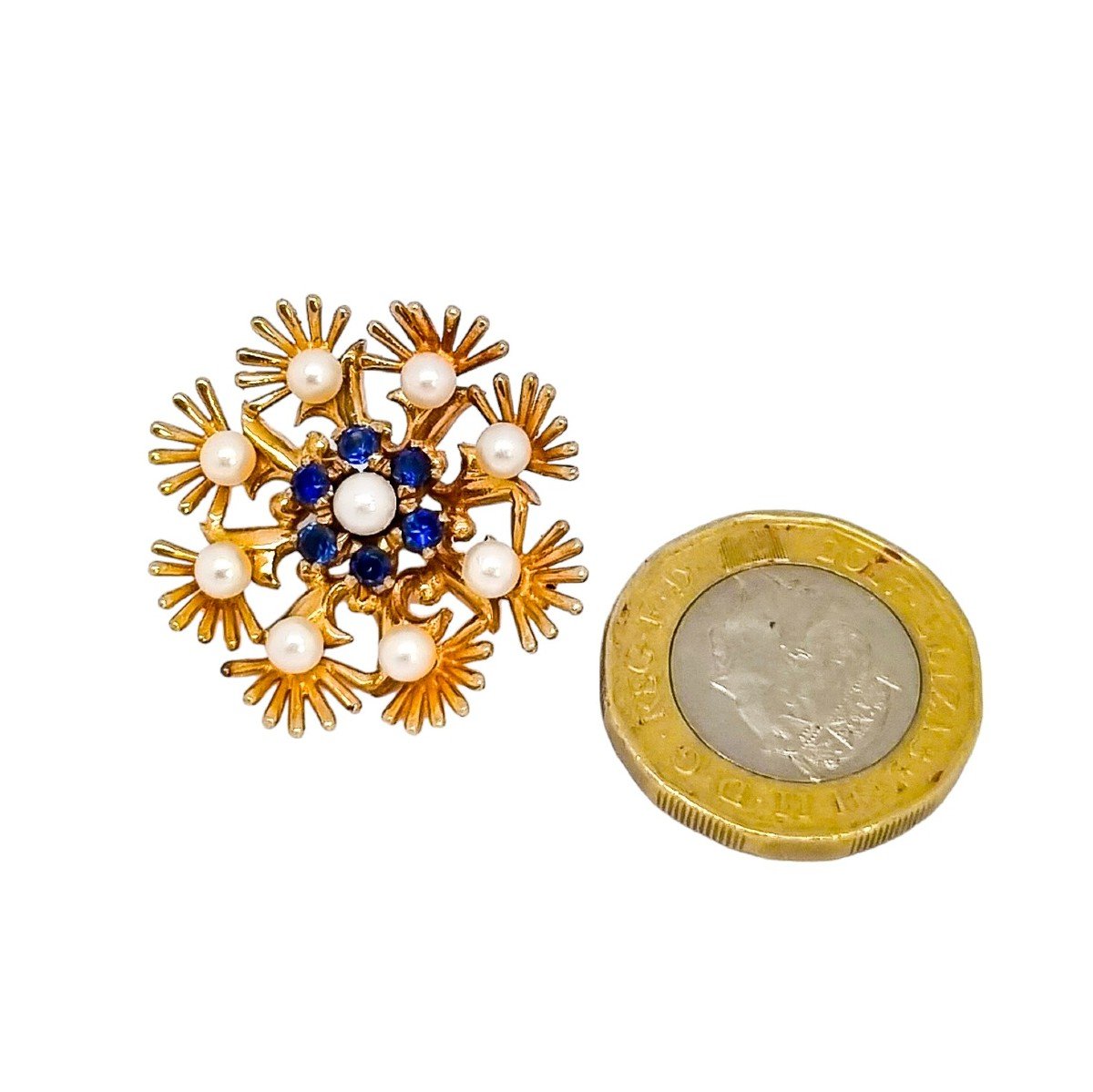 Cropp & Farr 1960’s Floral Cluster 9ct Gold Brooch Set With Sapphires And Pearls-photo-3