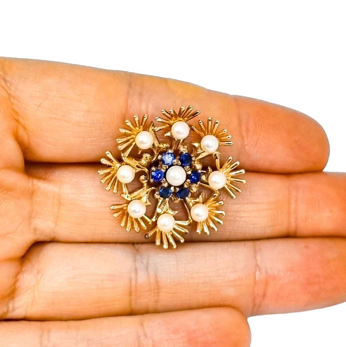 Cropp & Farr 1960’s Floral Cluster 9ct Gold Brooch Set With Sapphires And Pearls-photo-4