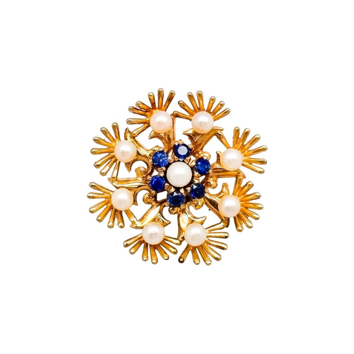 Cropp & Farr 1960 - Broche En Or 9ct à Grappe Florale Sertie De Saphirs Et De Perles