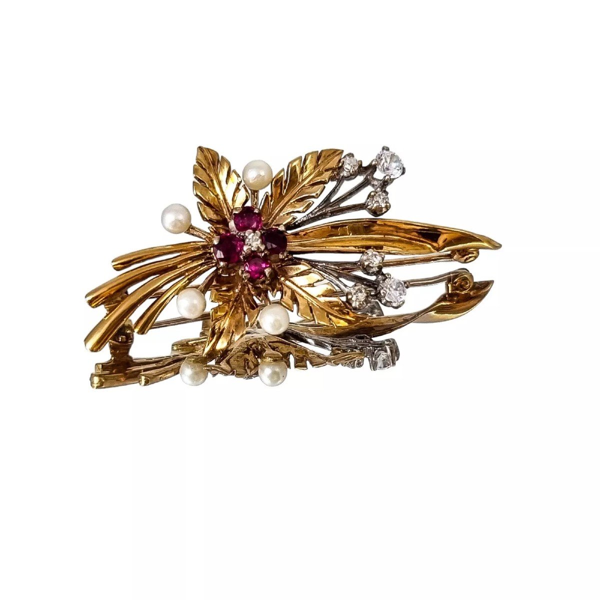 Vintage 1970’s 9ct Yellow Gold Ruby, Diamond, Pearl Floral Leaf Spray Brooch-photo-2