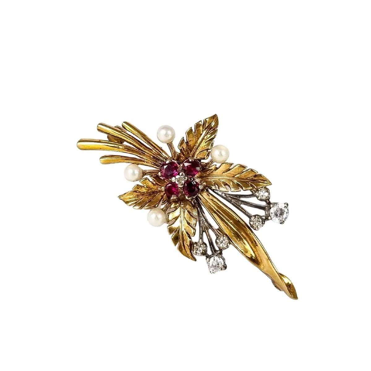 Vintage 1970’s 9ct Yellow Gold Ruby, Diamond, Pearl Floral Leaf Spray Brooch-photo-3