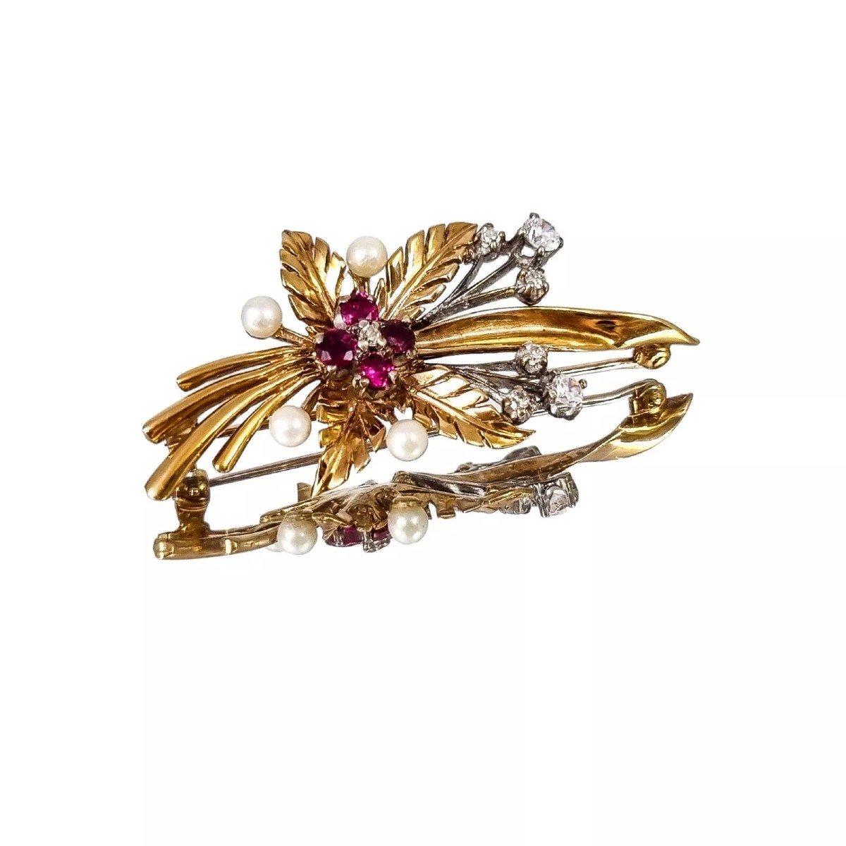 Vintage 1970’s 9ct Yellow Gold Ruby, Diamond, Pearl Floral Leaf Spray Brooch-photo-4