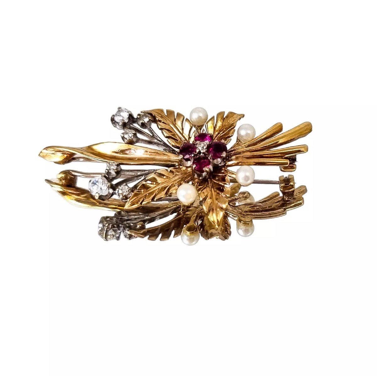 Vintage 1970’s 9ct Yellow Gold Ruby, Diamond, Pearl Floral Leaf Spray Brooch-photo-1